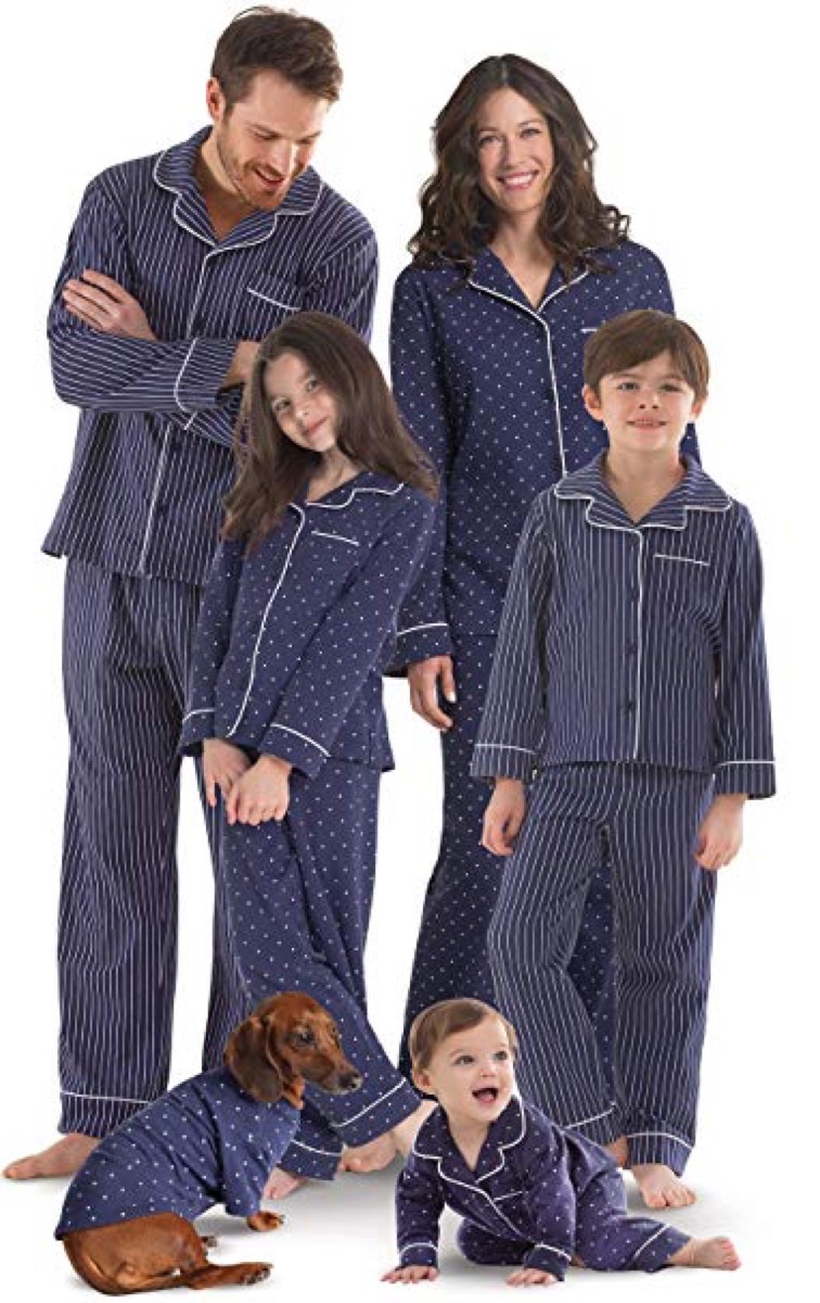 white family in blue and white pajamas