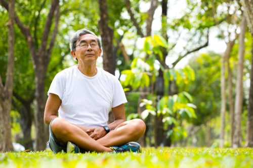 old man meditating in park