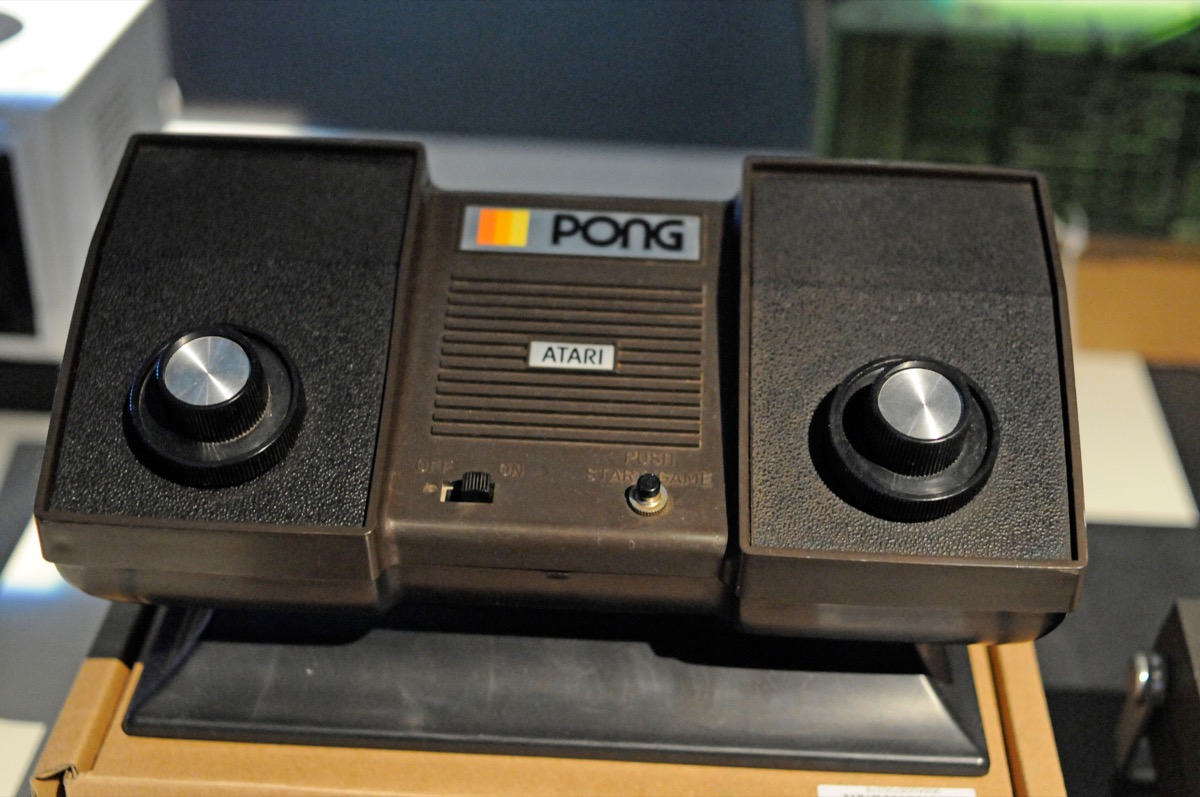 Vintage videogame system "Pong" from Atari on display during a exhibition about the history of video games in Paris, France