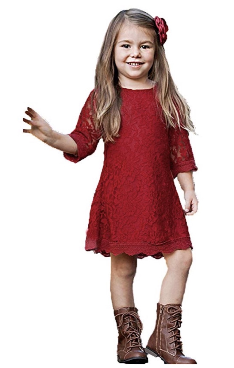 little white girl in red dress and brown boots