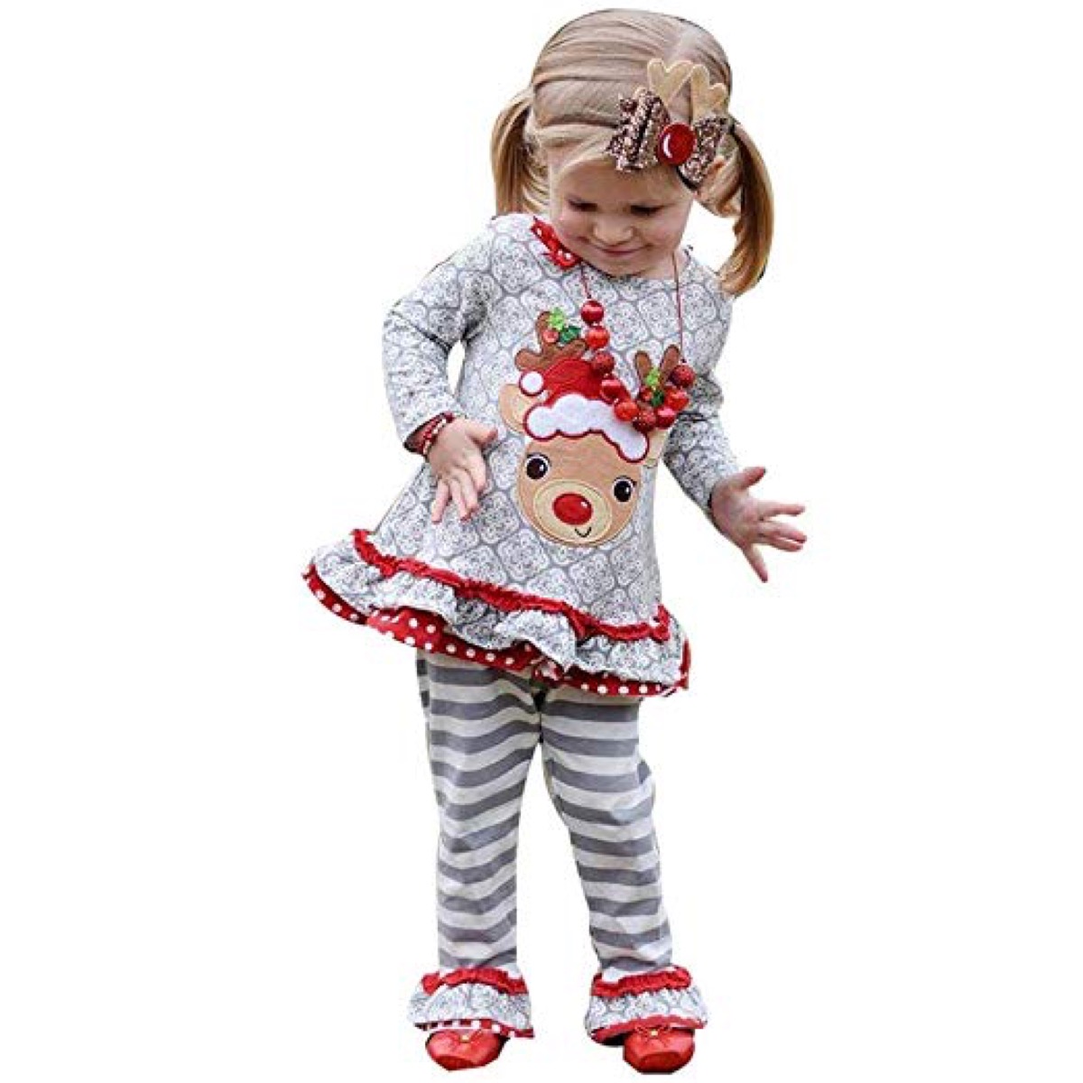 little white girl in gray and white reindeer outfit