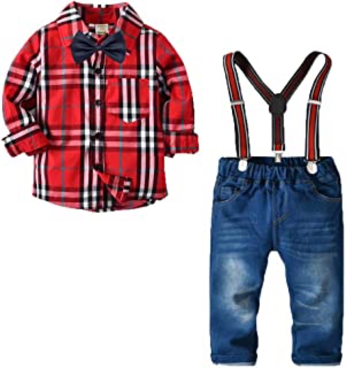 red plaid shirt with bow tie and jeans with suspenders