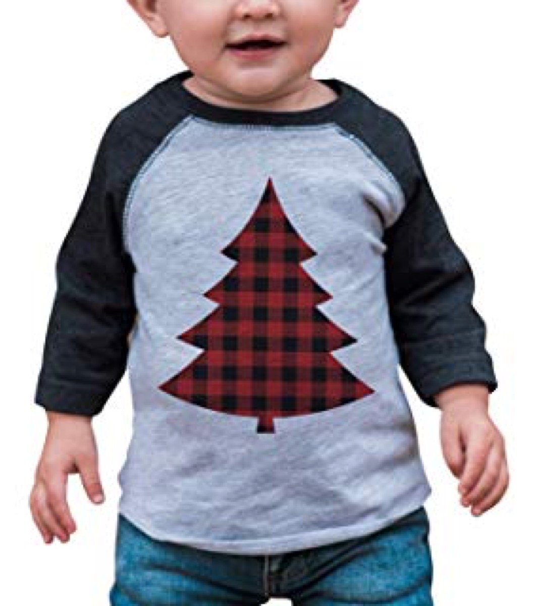 little white baby in gray shirt with red and black christmas tree on it