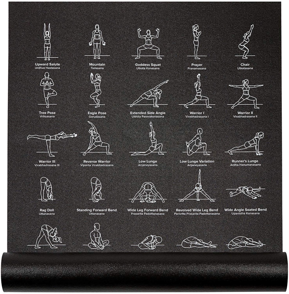 black yoga mat with poses on it