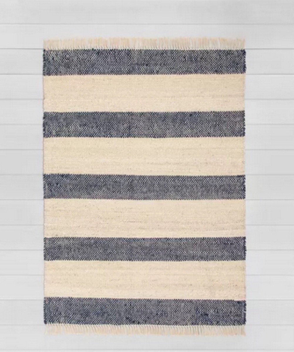 blue and white striped rug