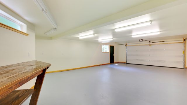 empty garage with wooden table