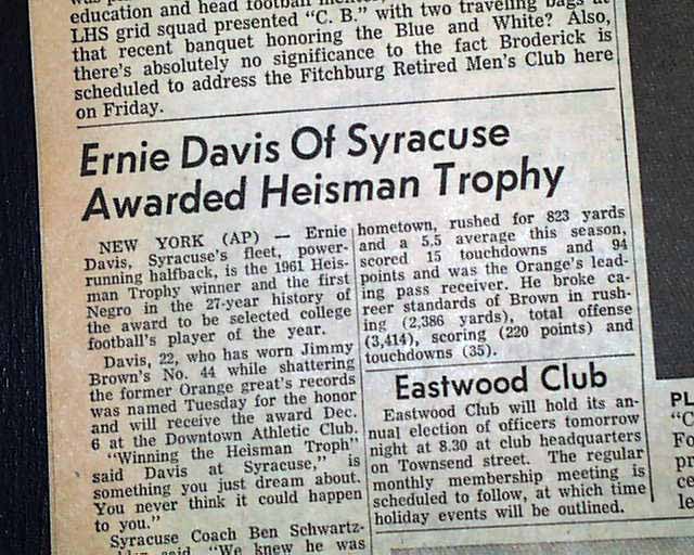 Newspaper article about Ernie Davis receiving the Heisman