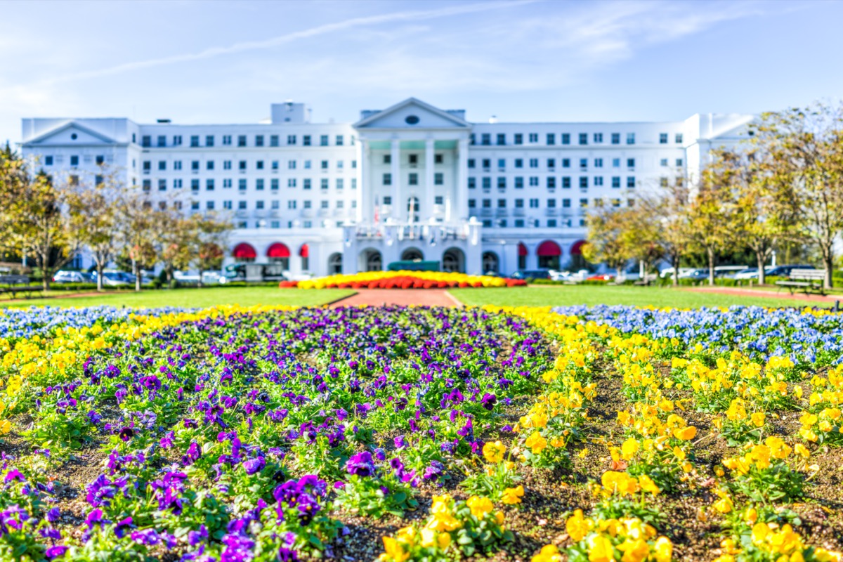 greenbrier hotel exterior with landscaped flowers in west virginia