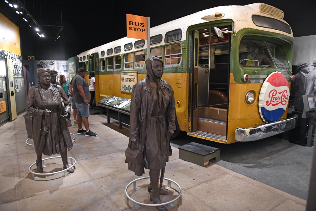 freedom bus and bronze statue of harriet tubman at the national civil rights museum in memphis