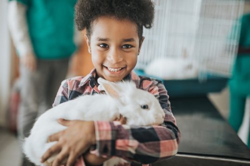 Young girl holding her pet rabbit.