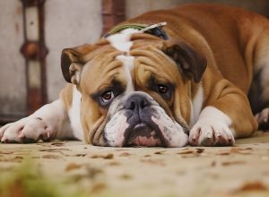 sad english bulldog lying down