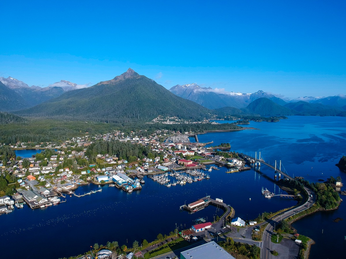 aerial view of sitka alaska waterfront and mountains