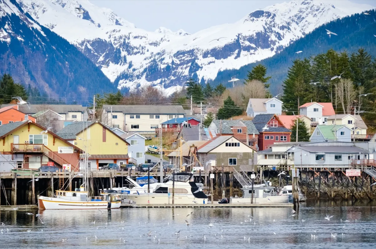 colorful buildings on a harbor with snowy mountains in the background