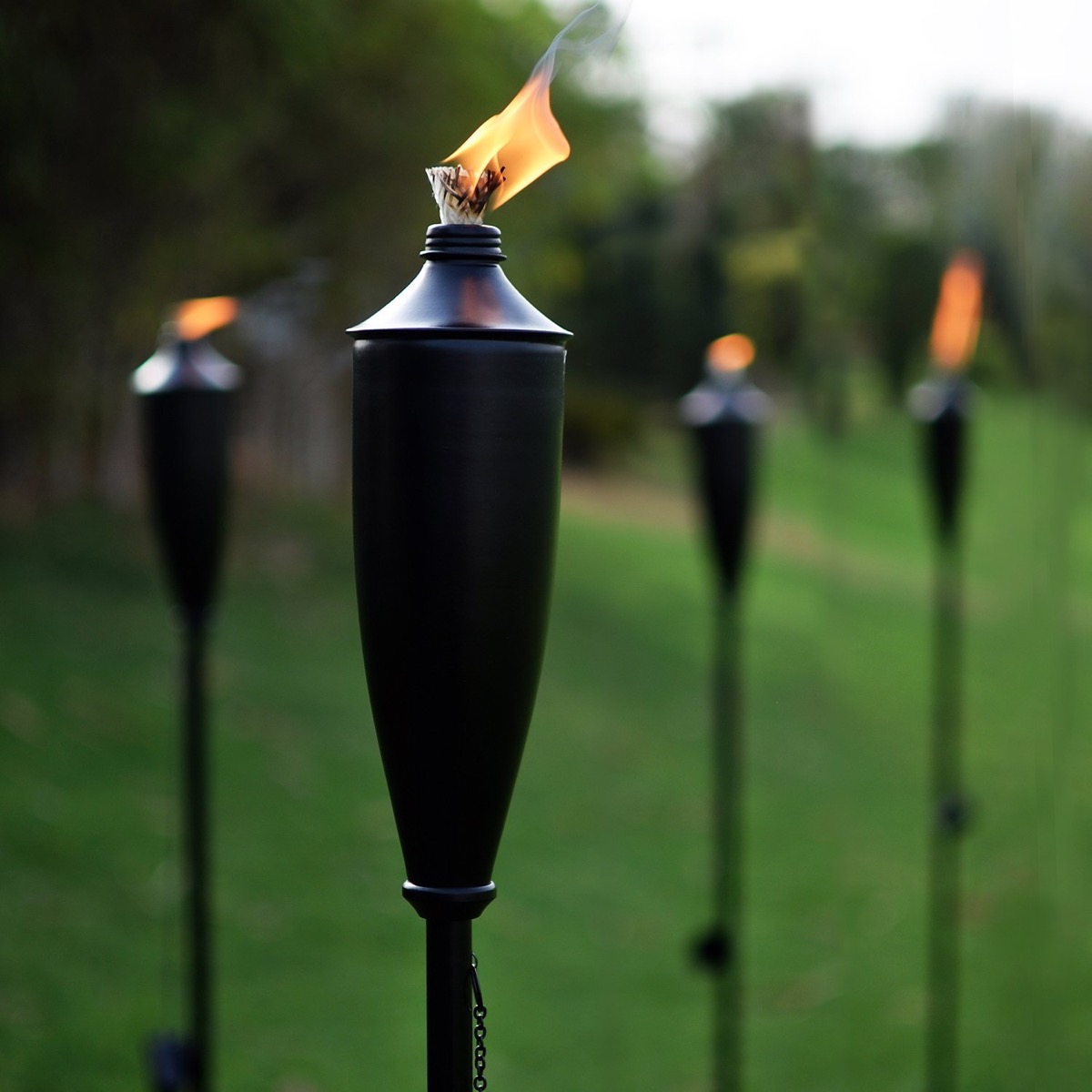 citronella garden torches against grassy backdrop