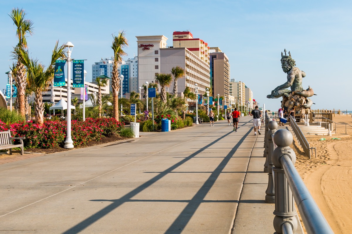 The oceanfront boardwalk and resort area along the Atlantic coast in Virginia Beach
