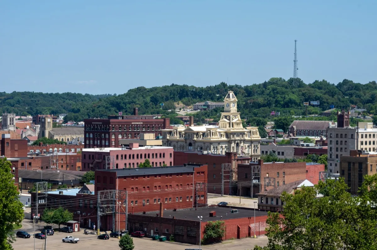 high angle view of the city of Zanesville, Ohio.