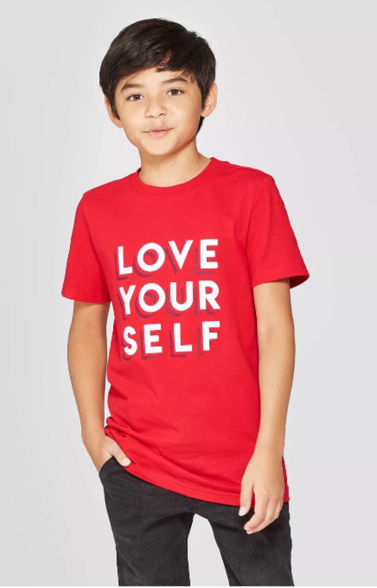 young asian boy in red love your self t-shirt