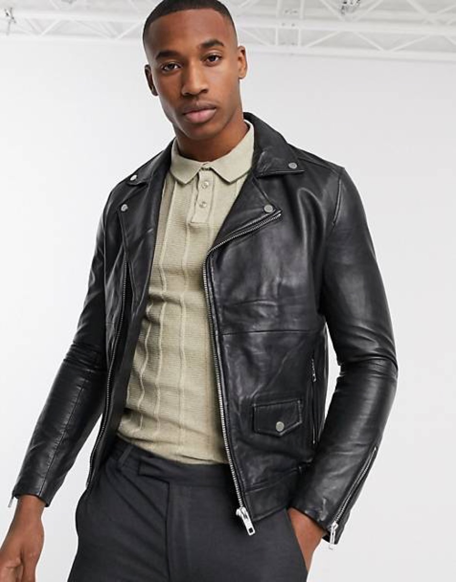 Man wearing real leather jacket
