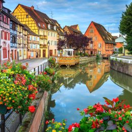 Spectacular colorful traditional french houses on the side of river Lauch in Petite Venise,Colmar,France,Europe
