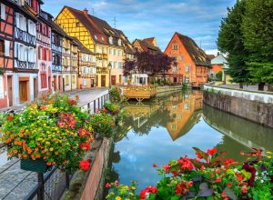 Spectacular colorful traditional french houses on the side of river Lauch in Petite Venise,Colmar,France,Europe