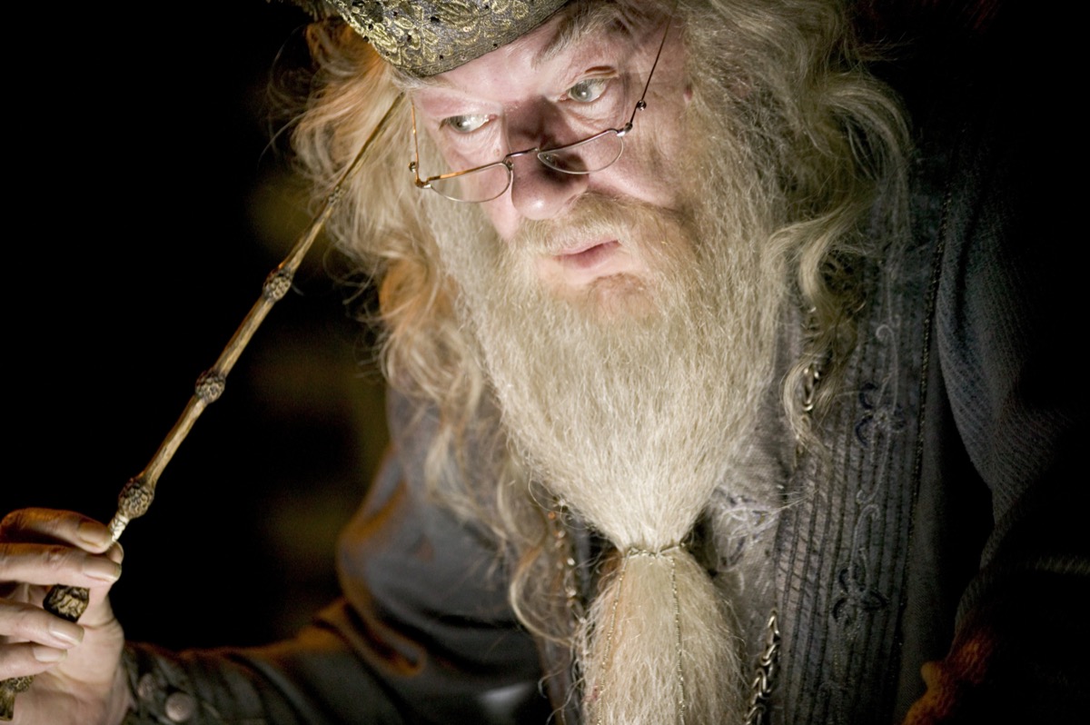 Dumbledore holding the Elder Wand in Harry Potter