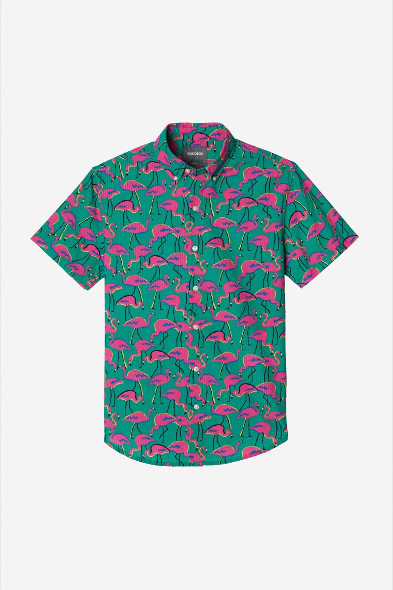 men's button-down with short sleeves and flamingo print