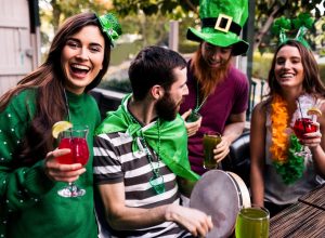 group of 20-something white friends celebrating st. patrick's day