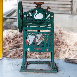 green ice shaver with swan design outdoors