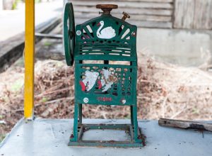 green ice shaver with swan design outdoors