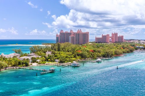 Emerald water idyllic beach at Nassau, The Bahamas in a sunny day.