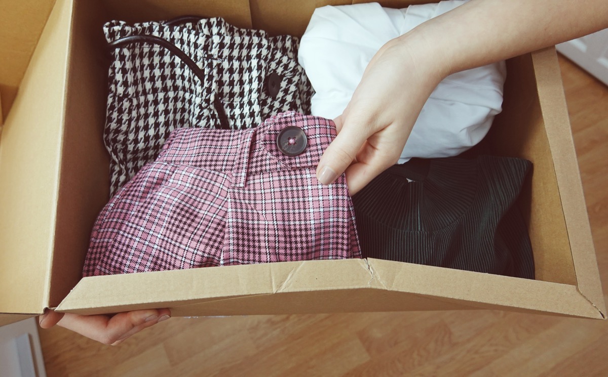 Box of clothes from online shopping or clothing rental