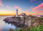 beautiful lighthouse during sunset in portland Maine