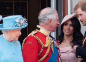 Trooping The Colour 2018 with Queen Elizabeth II, Prince Charles, Meghan Duchess of Sussex, Prince Harry on the balcony at Buckingham Palace