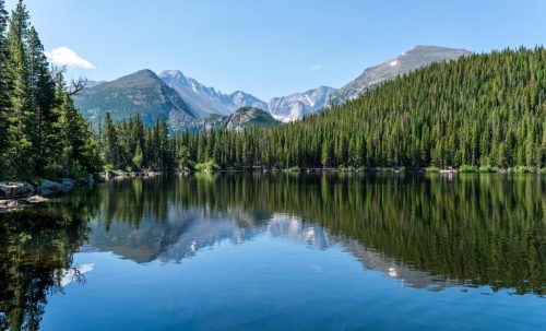 Longs Peak and Glacier Gorge reflecting in blue Bear Lake on a calm Summer morning