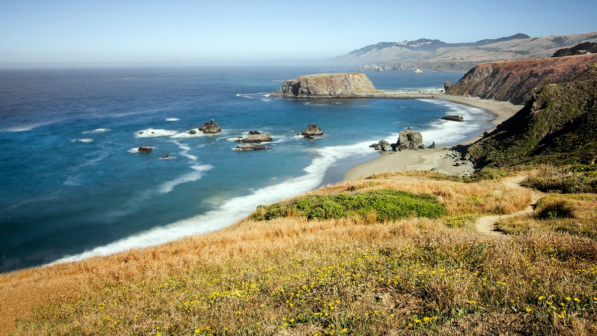 Panoramic view of the Pacific Coast from Goat Rock state park Sonoma Coast California