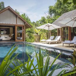 swimming pool in a jungle with a private villa and bed