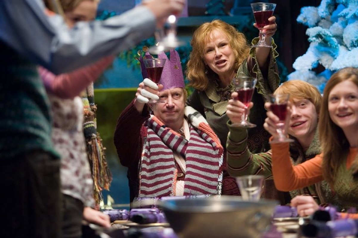 Weasley family celebrating Christmas in Harry Potter
