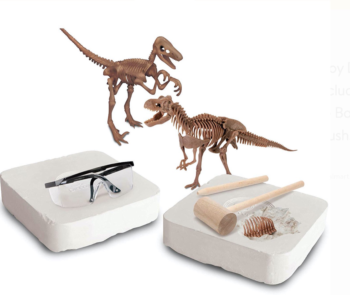 two toy dinosaurs and fossil digging kit