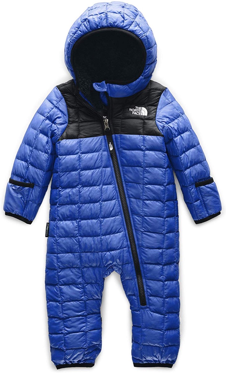 Blue quilted baby snowsuit