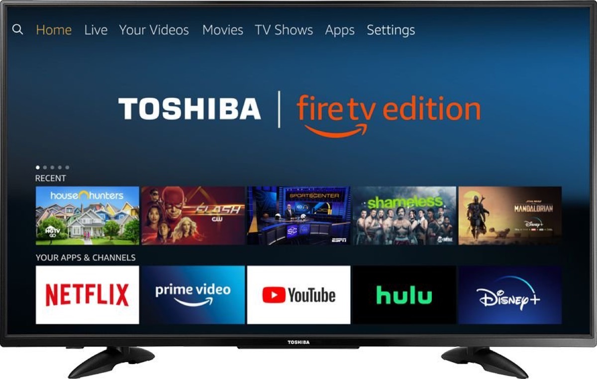 Toshiba smart TV with streaming services on screen