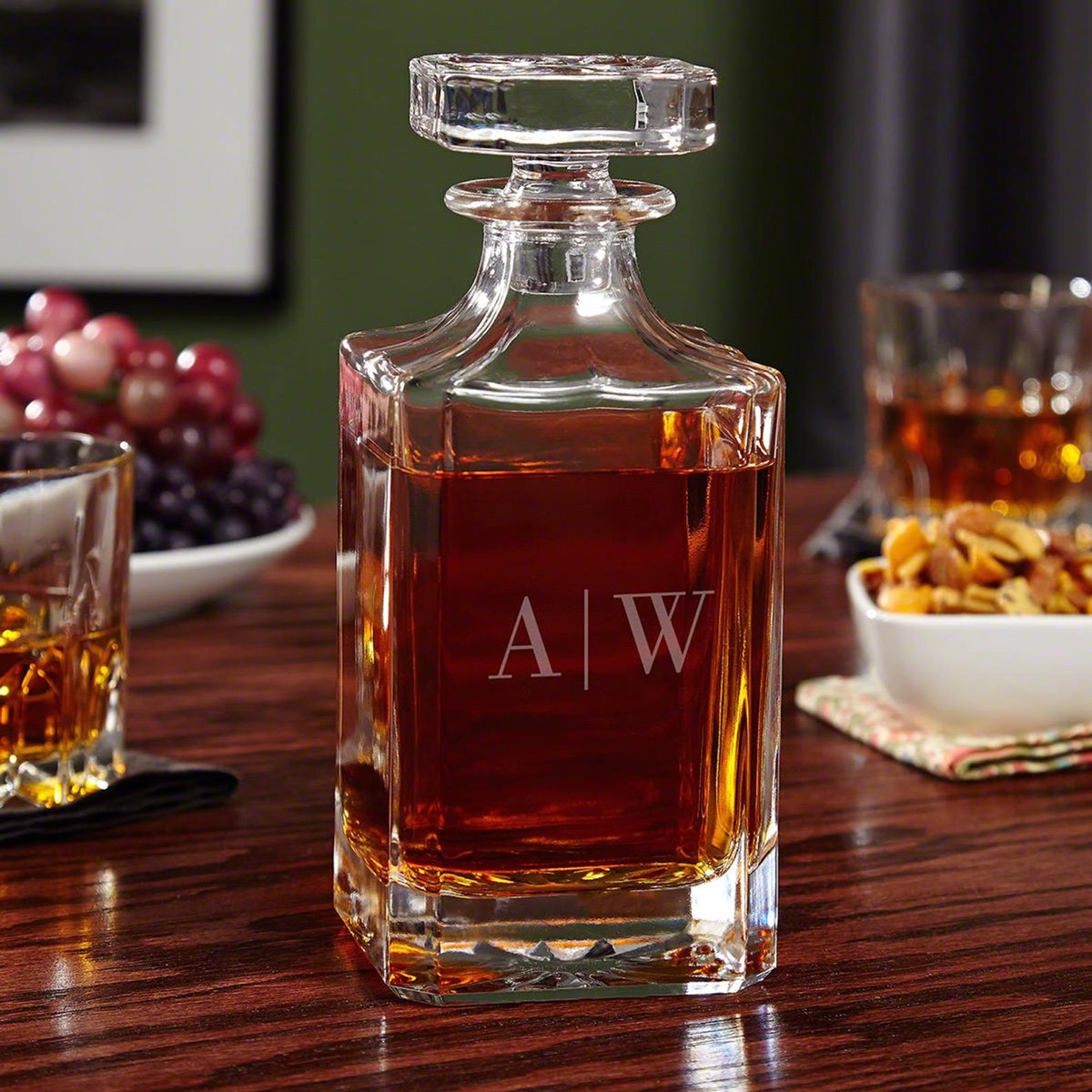 Glass decanter with initials "AW"