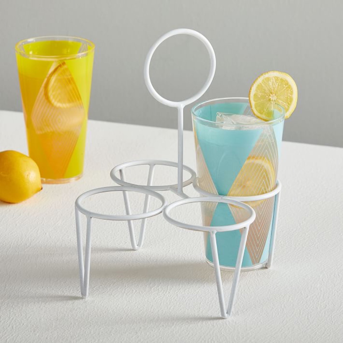 White steel drink caddy with glass