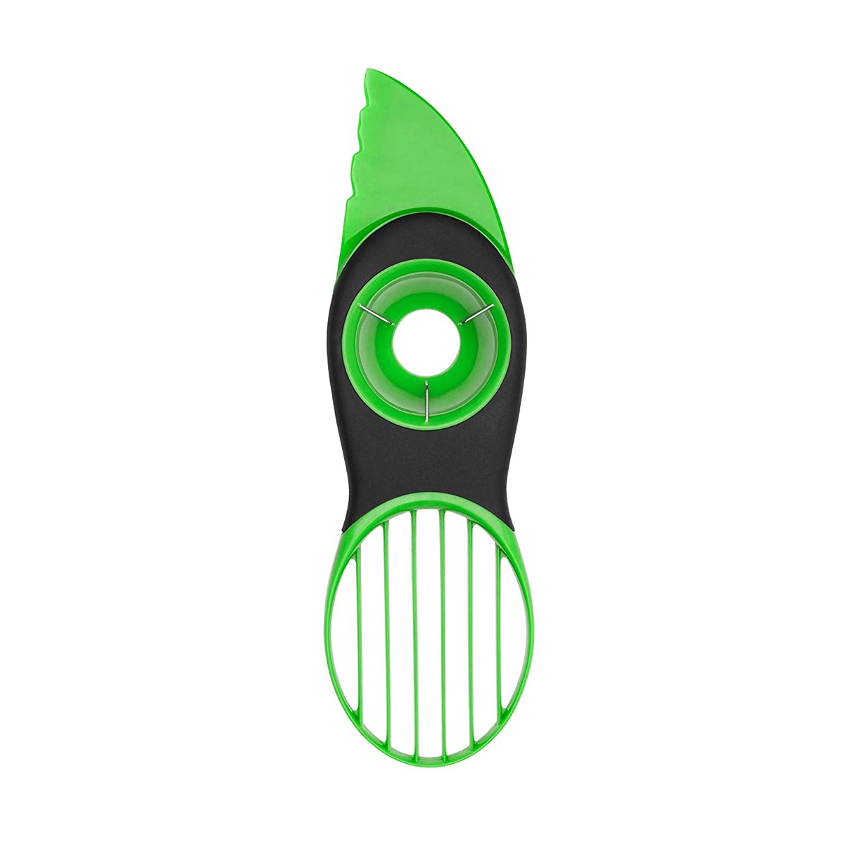 green and black avocado slicer tool