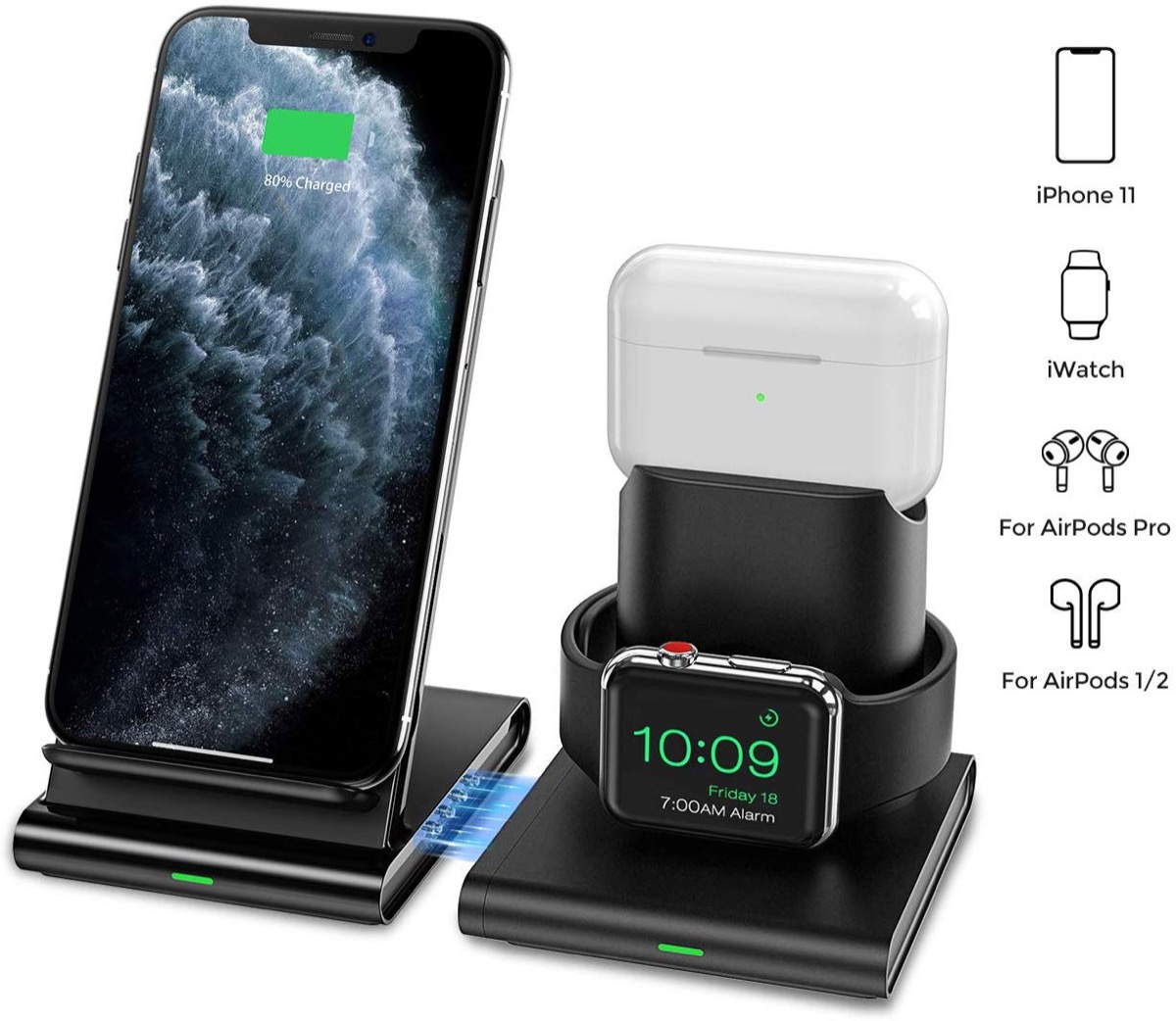 desktop charging station with iphone airpods and apple watch