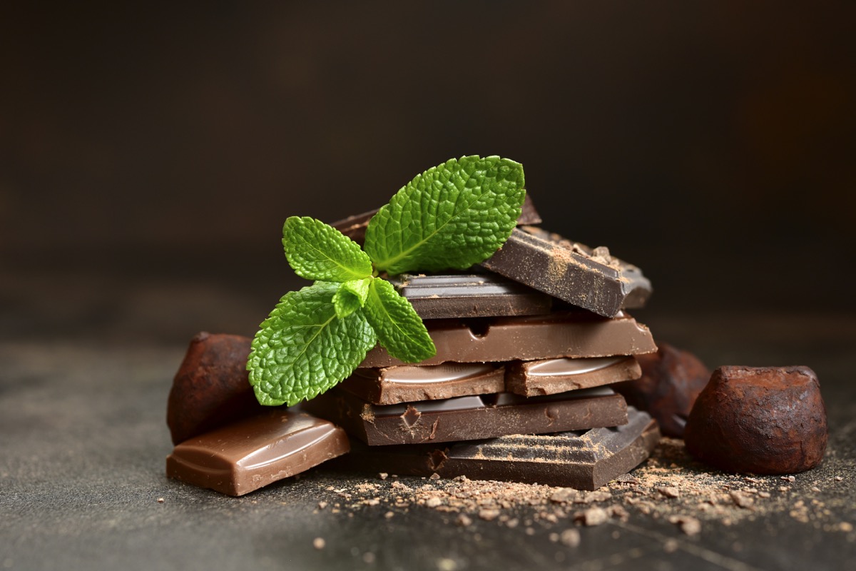 Chocolate slices with fresh mint leaves on a dark slate, stone or concrete background.