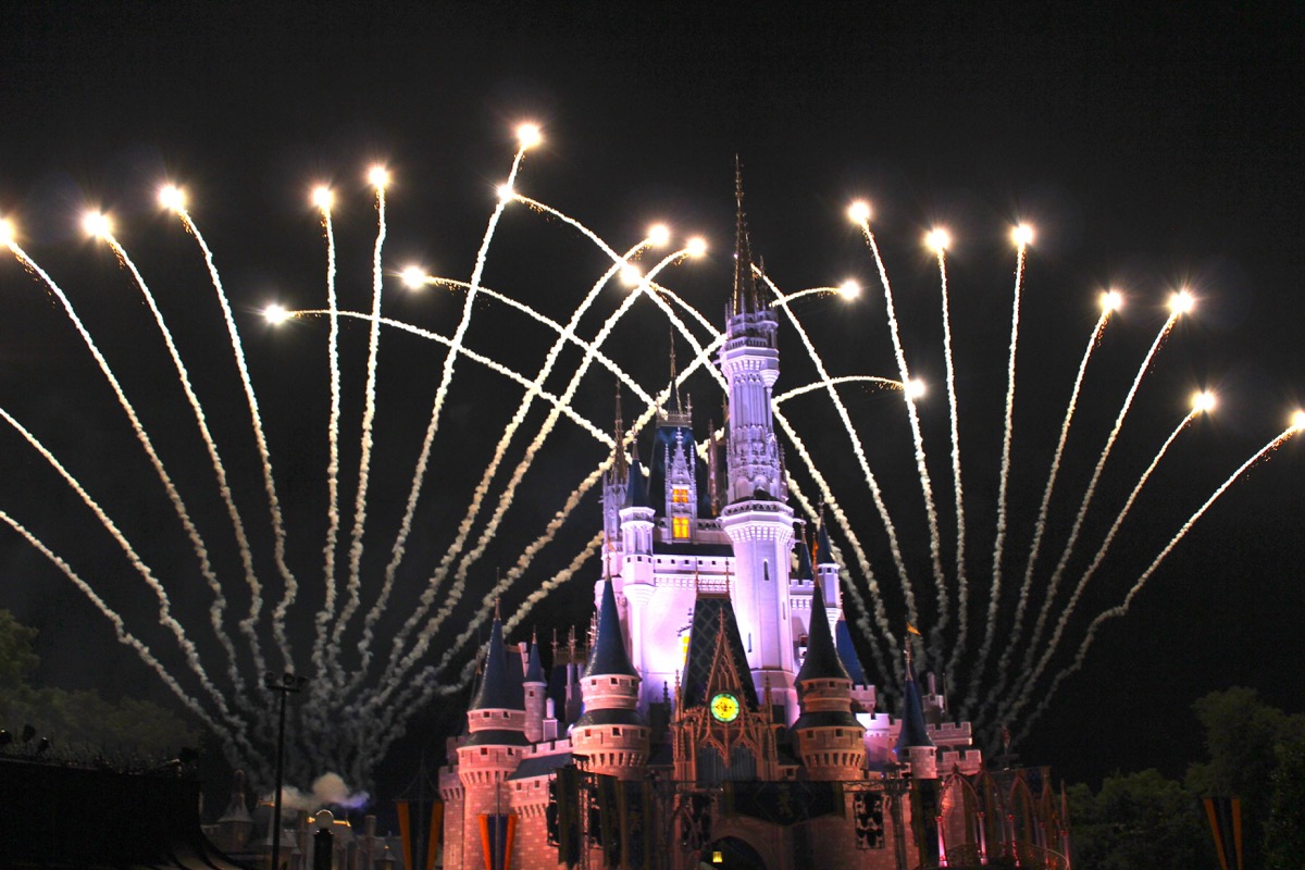 Disney castle at night with fireworks behind it