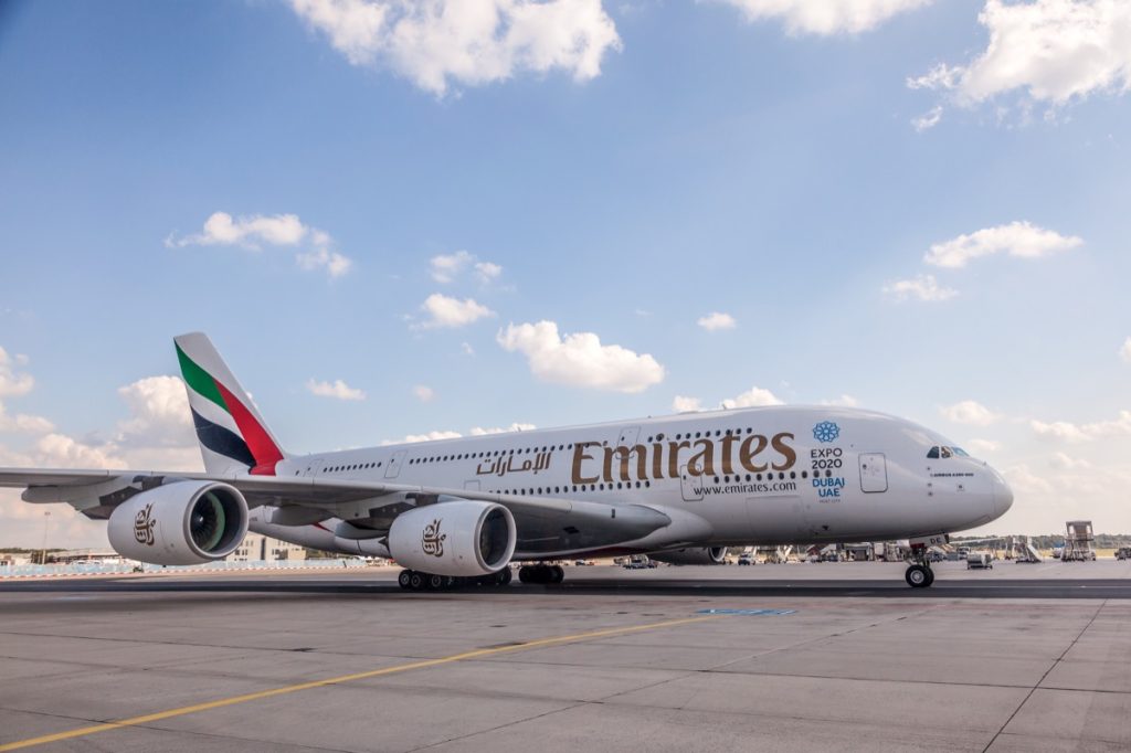 An Emirates airlines plane on the runway