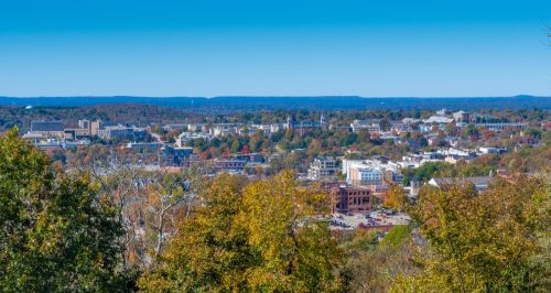 Overlook of the town of Fayetteville, Arkansas with the University of Arkansas