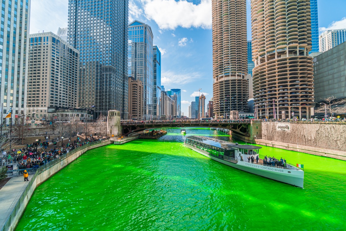 the chicago river after being dyed green for st. patrick's day