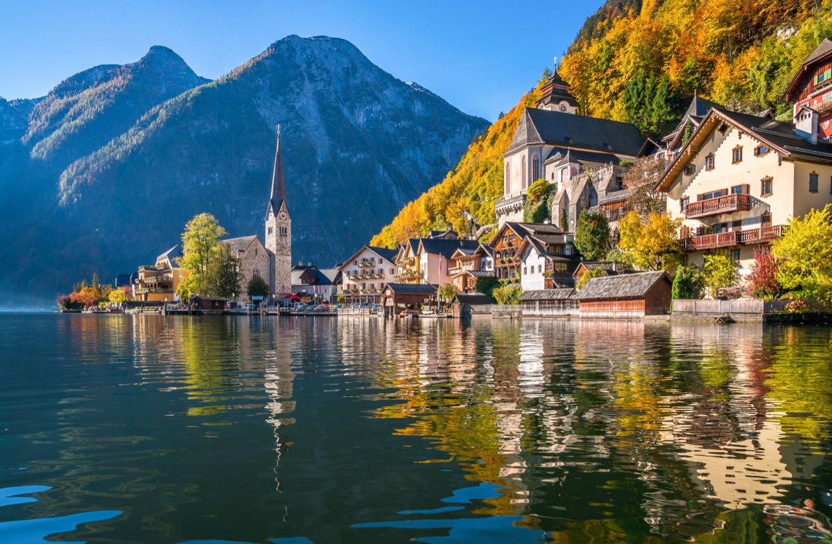Scenic panoramic picture-postcard view of famous Hallstatt mountain village